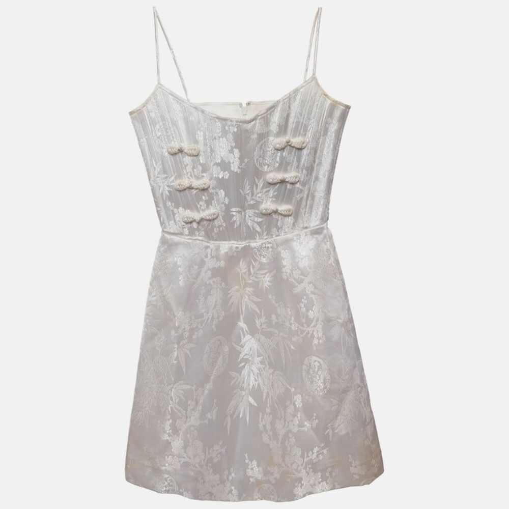 Sau Lee White Silk Jacquard Joey Mini Dress Xs